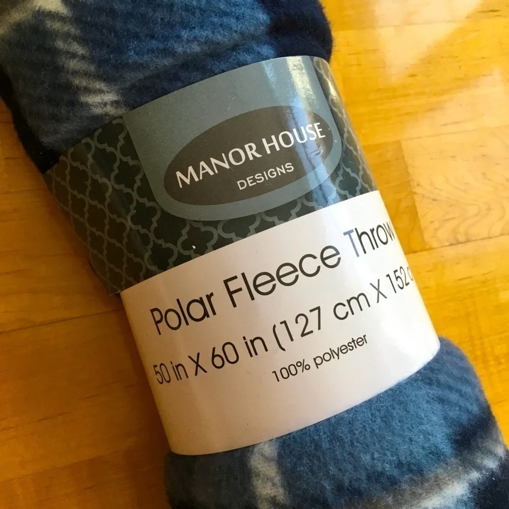 Manor House Polar Fleece Throw, Navy Plaid, 50 x 60 inches